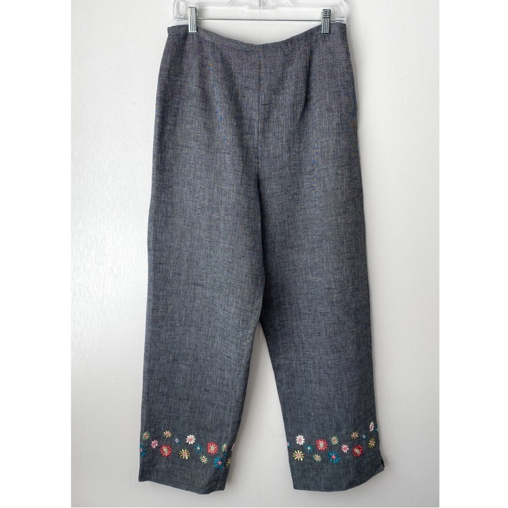 Vintage Embroidered Floral Print Linen Cotton Side Zip Trouser Pants 12